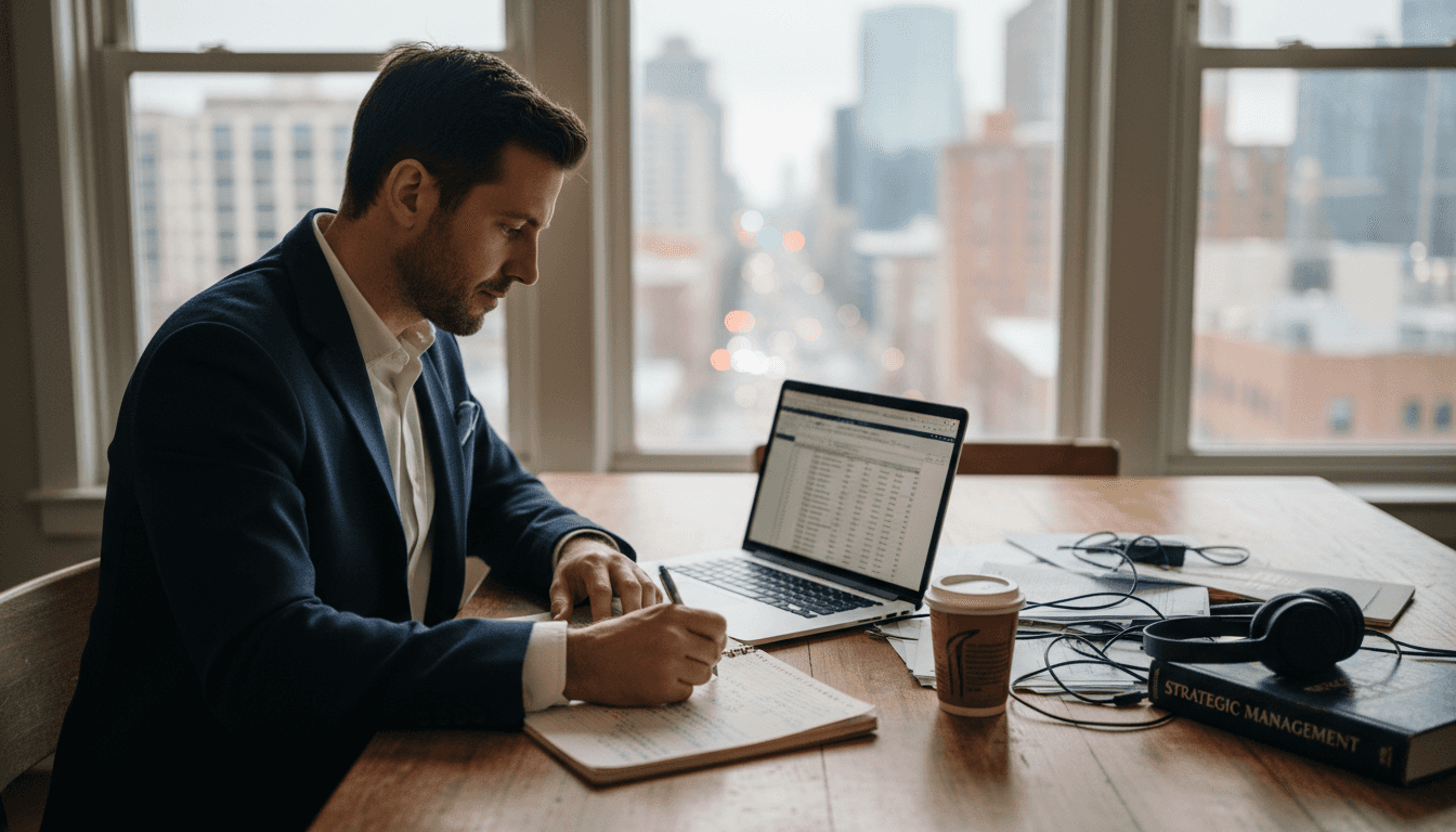 Man completing MBA study at home table