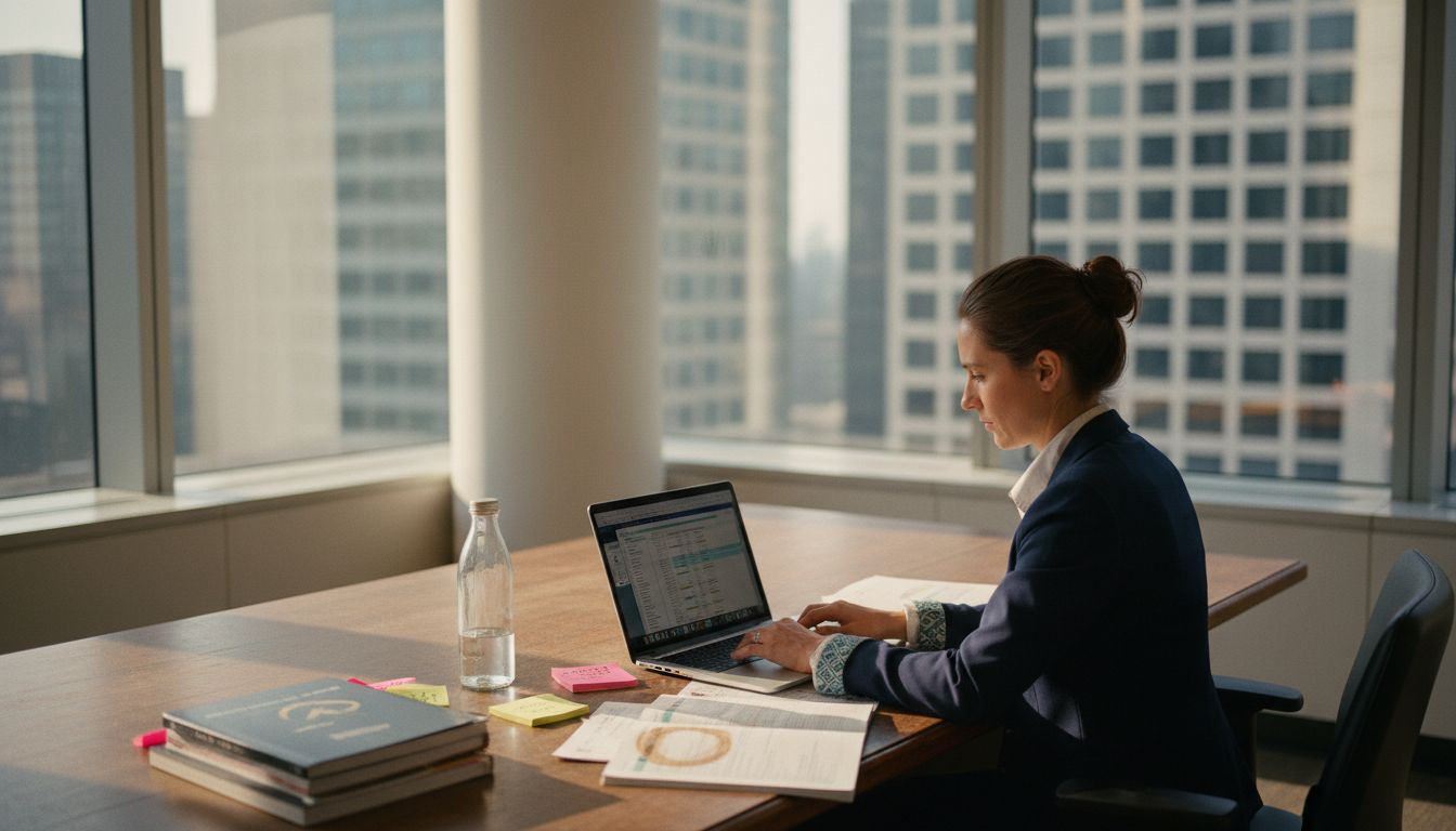 MBA student reviewing career materials in office
