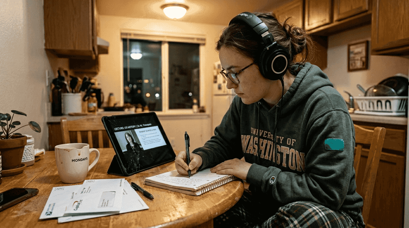 Student attending online class at kitchen table