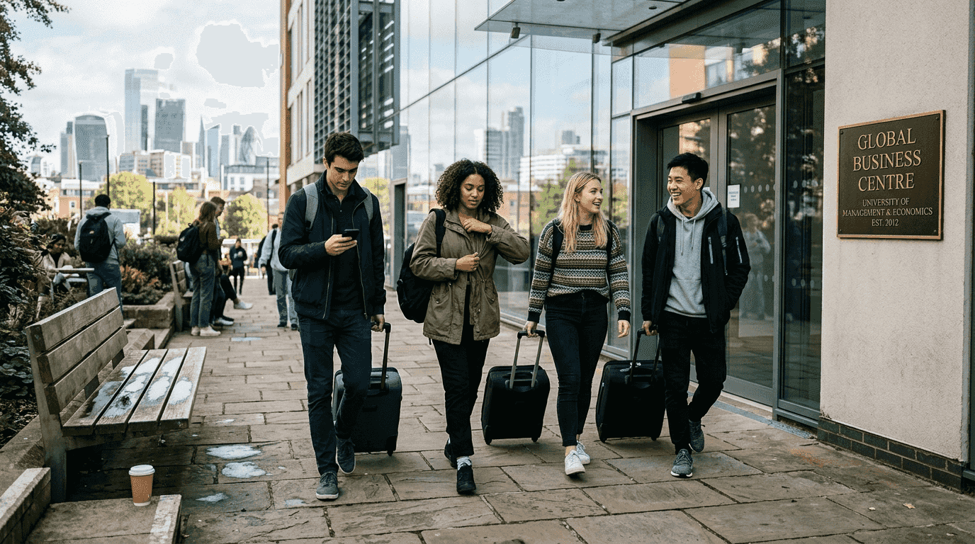 Business students outside international campus building