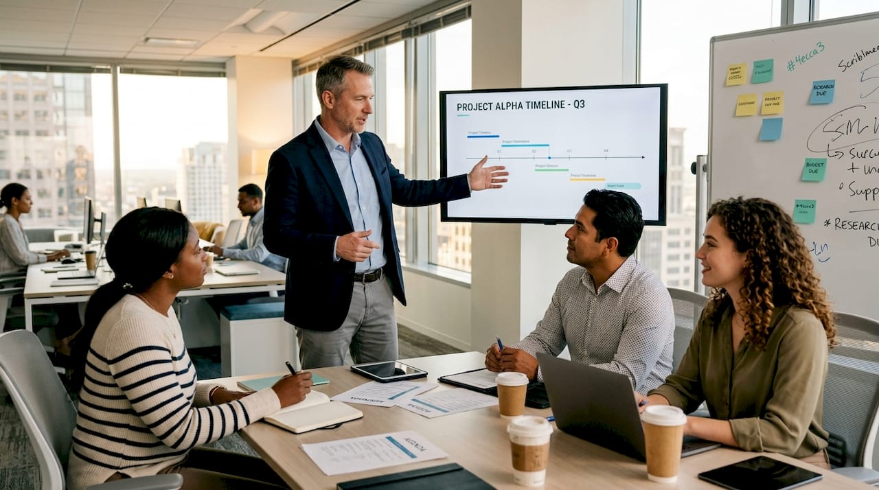 Manager leading team in open office meeting