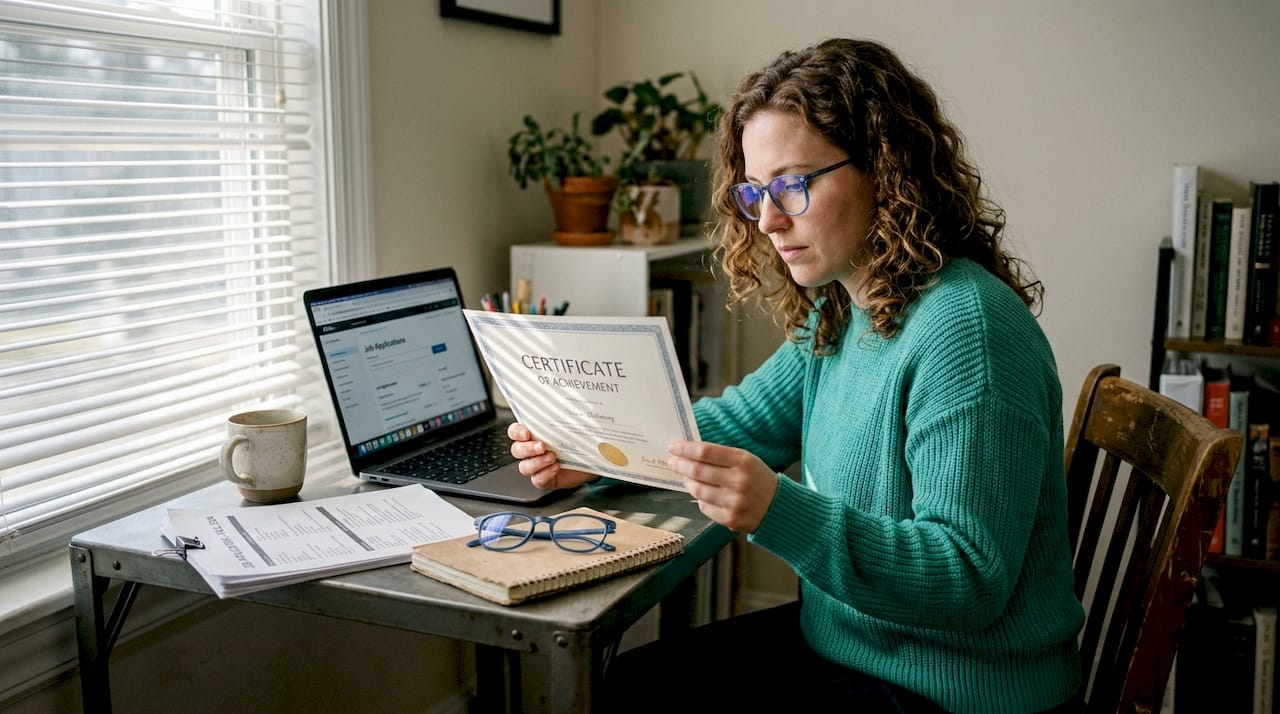 Young person checks certificate in home office